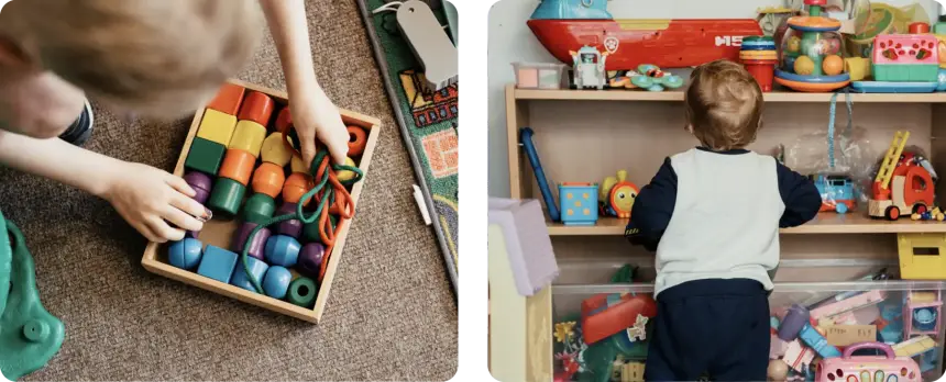 Child playing with toys in a sustainable toy repair shop
